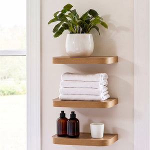 Seiso Curved Corner Floating Wall Shelves Display Rack (Set of 3) Honey Oak