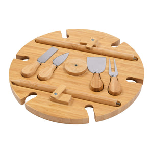 Hunter 6-Person Round Picnic Wine Table with Cheese Knife Set Natural Bamboo 33x33x54.5cm