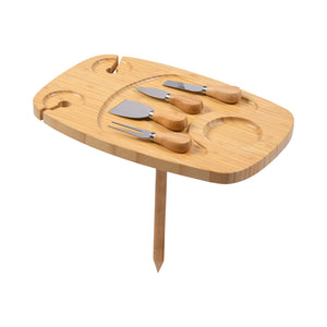 Hunter 2-Person Oval Picnic Wine Table with Cheese Knife Set - Natural Bamboo 38x25x31cm
