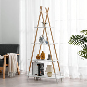 Kusa 4-Tier Natural Wooden A-Frame Ladder Storage Shelf Modern and White Bamboo Tripod Bookcase