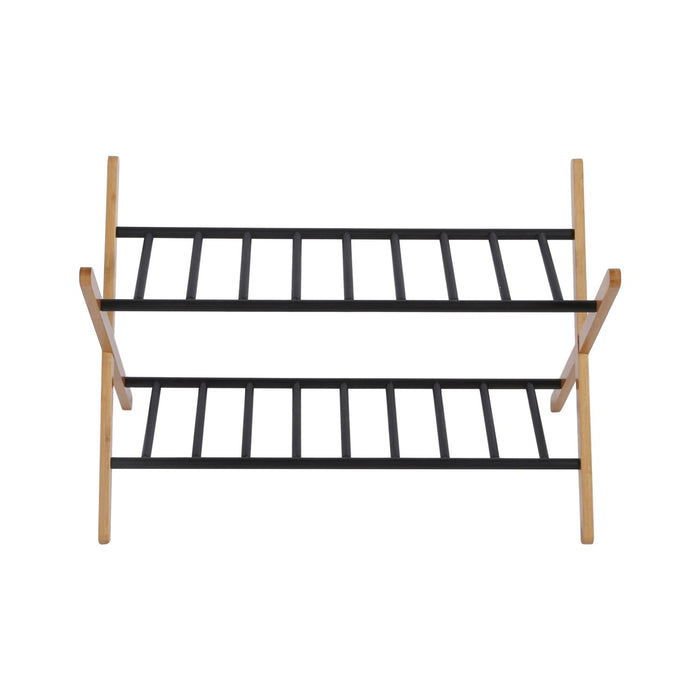2-Tier Portable Natural Bamboo and Metal Shoe Rack