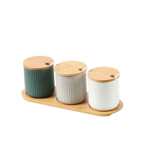 Round Ceramic Bamboo Seasoning Jar Set