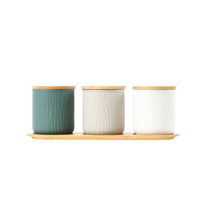 Round Ceramic Bamboo Seasoning Jar Set