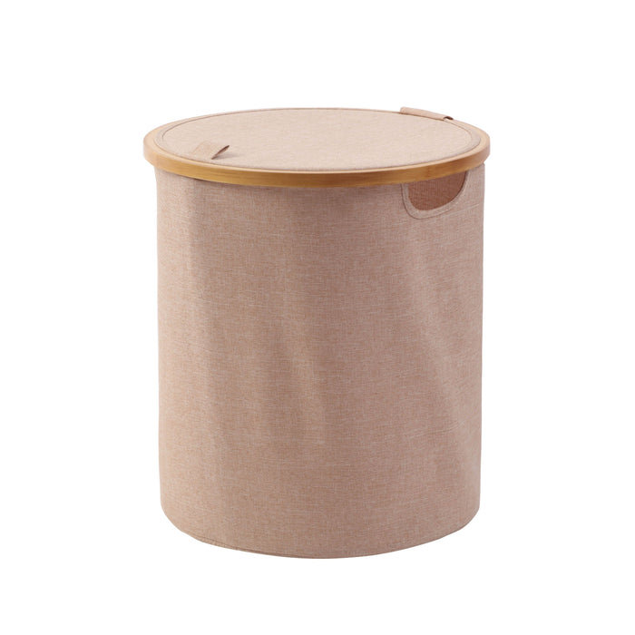 Short Round Linen & Bamboo Laundry Hamper with Cover - Rose Gold