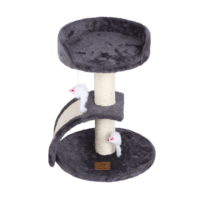 Mousey Cat Tree with Arched Scratching Slope and 2 Teaser Toys - Grey