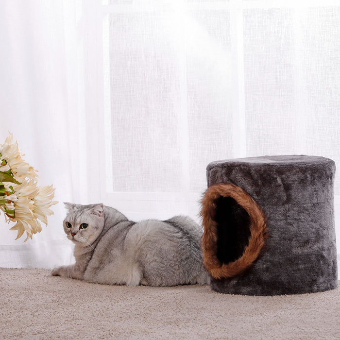 Hidey Cat House with Faux Fur Hole - Grey/Brown