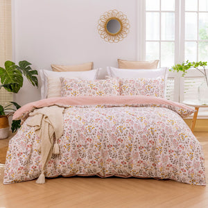 Cottage Flowers 100% Cotton Reversible Quilt Cover Set Pink