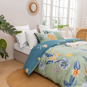 Paradise Floral 100% Cotton Reversible Quilt Cover Set Mint